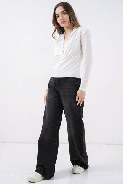 Omuz Vatkalı Kruvaze Yaka Bluz 942 - Beyaz