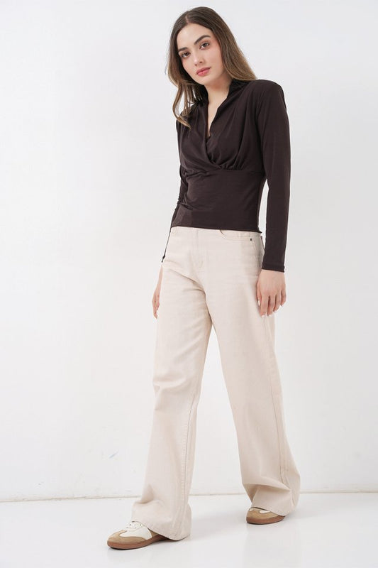 Omuz Vatkalı Kruvaze Yaka Bluz 942 - Kahverengi