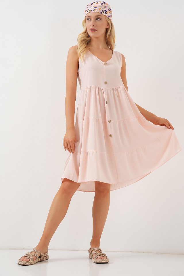 Sıfır Kol Düğmeli Kısa Elbise 2571 - Pudra