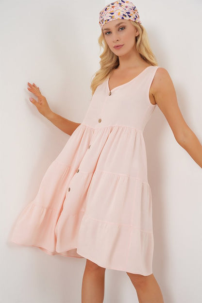 Sıfır Kol Düğmeli Kısa Elbise 2571 - Pudra