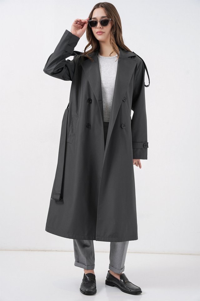 5941 Kruvaze Yaka Uzun Trençkot - Antrasit