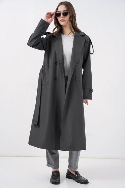 5941 Kruvaze Yaka Uzun Trençkot - Antrasit