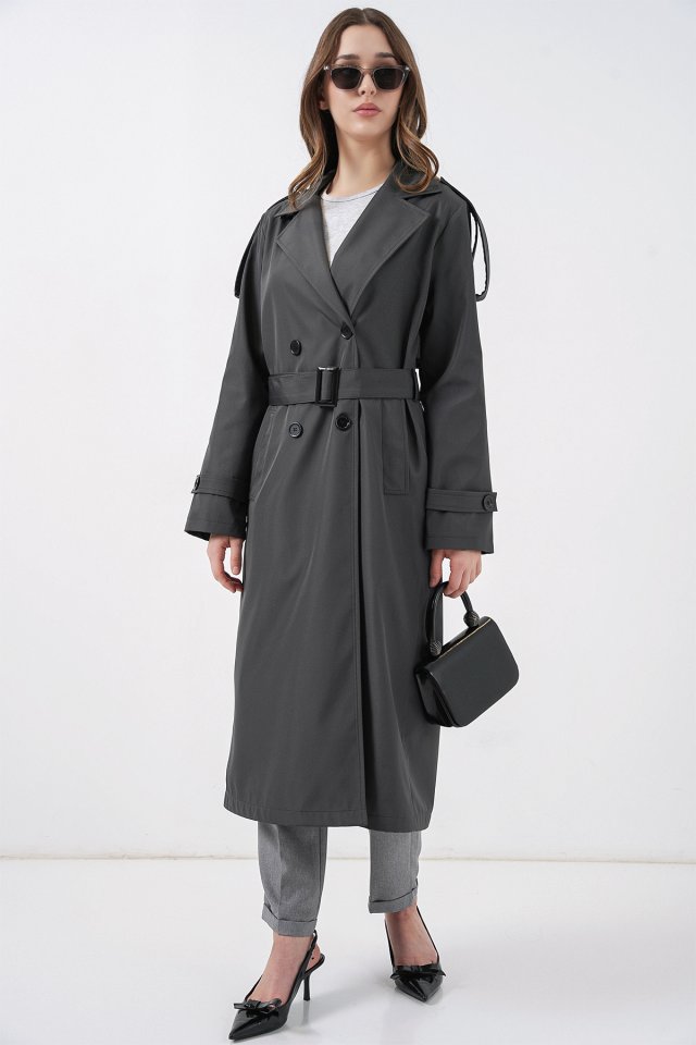 5941 Kruvaze Yaka Uzun Trençkot - Antrasit