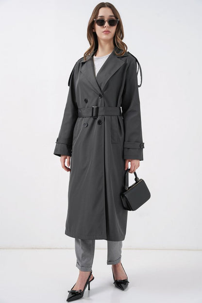5941 Kruvaze Yaka Uzun Trençkot - Antrasit