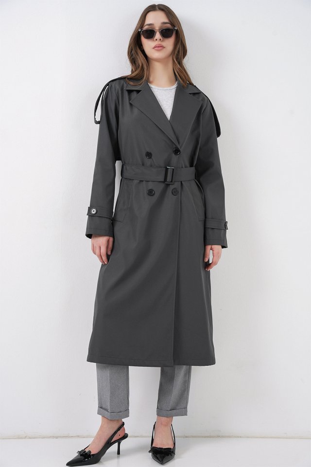 5941 Kruvaze Yaka Uzun Trençkot - Antrasit