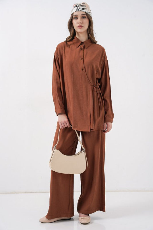 Bağcıklı Tunik Pantolon İkili Takım 6752 - Taba