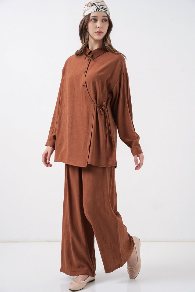 Bağcıklı Tunik Pantolon İkili Takım 6752 - Taba