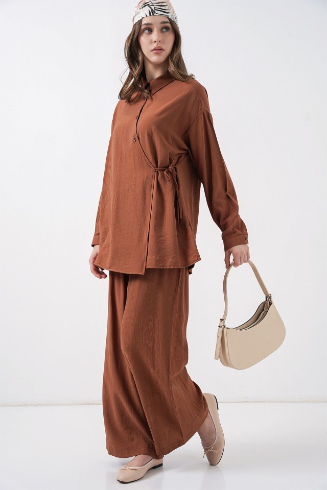 Bağcıklı Tunik Pantolon İkili Takım 6752 - Taba