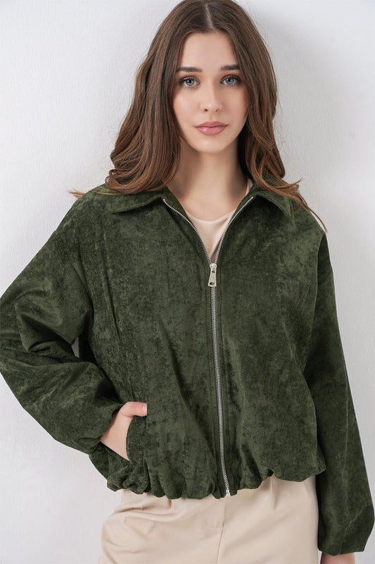 Büzgülü Oversize Kadife Ceket 0733 - Haki