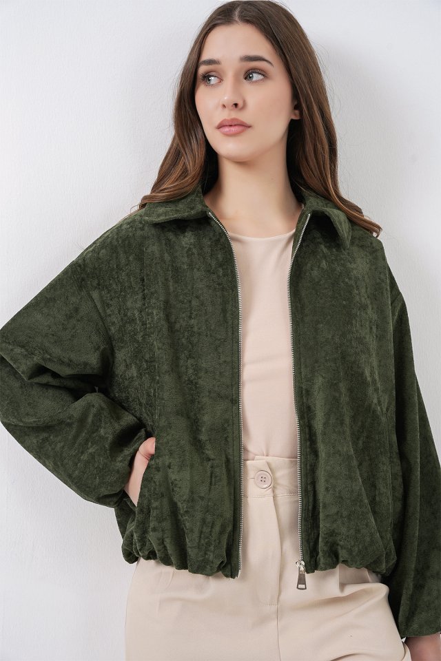Büzgülü Oversize Kadife Ceket 0733 - Haki