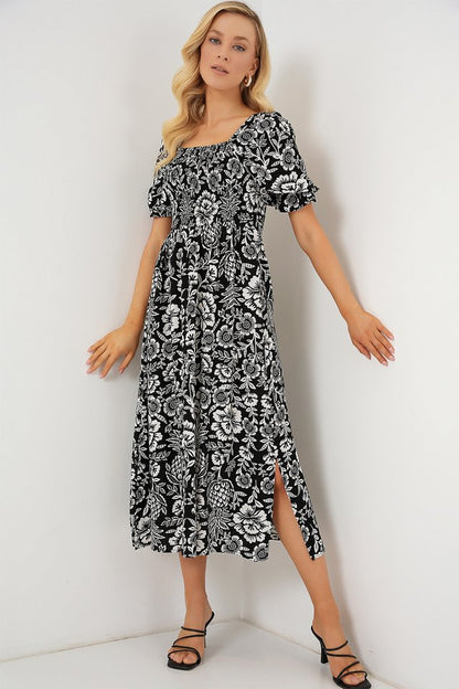 2512 Desenli Yırtmaçlı Elbise - D. Siyah