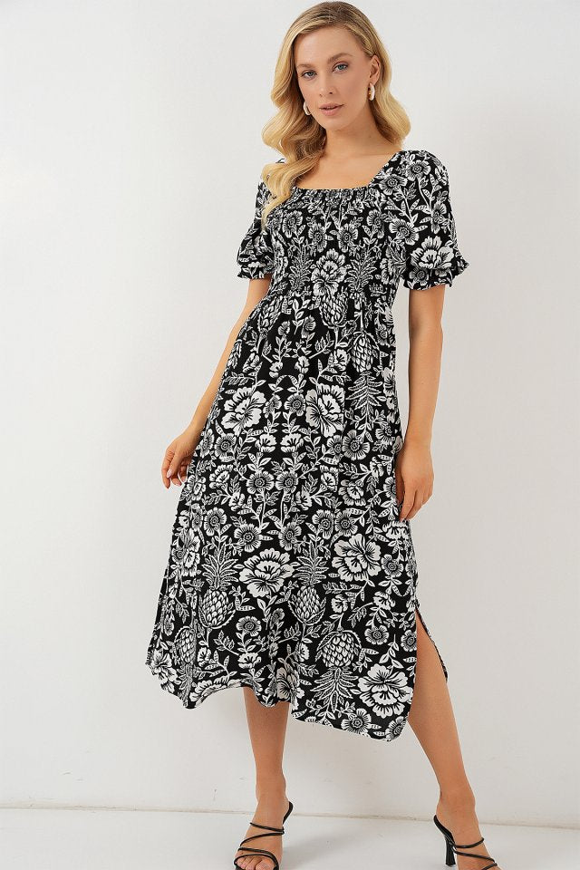 2512 Desenli Yırtmaçlı Elbise - D. Siyah