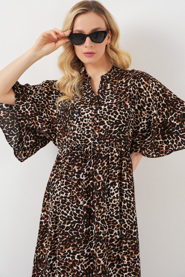 Desenli Kısa Kol Elbise 2562 - C. Kahverengi