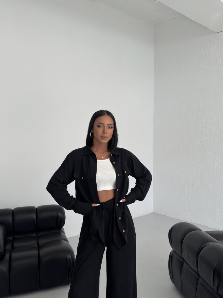 Düğmeli̇ Cepli̇ Keten İki̇li̇ Takim