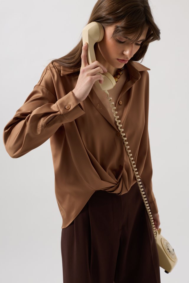 Bel Büzgülü Crop Saten Gömlek