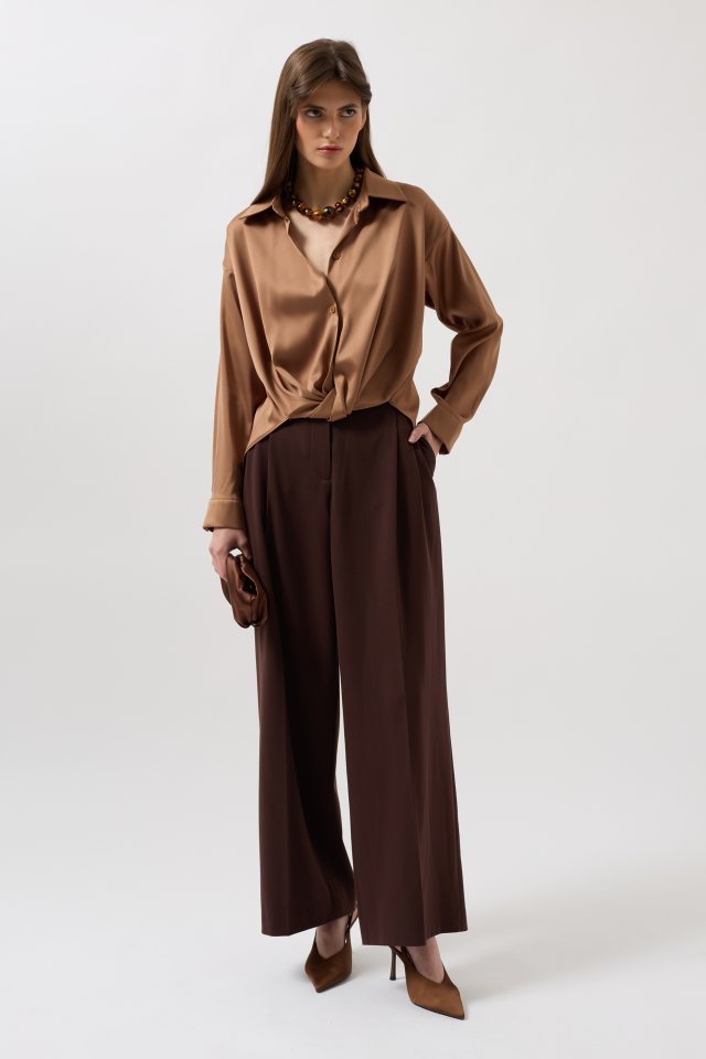 Bel Büzgülü Crop Saten Gömlek