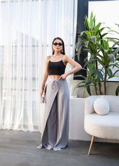 Keten Önü Çapraz Parçali Lasti̇kli̇ Ve Bağcikli Geni̇ş Paça Pantolon