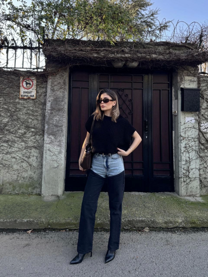 Jeans Kot Parçalı Palazzo Pantolon - Siyah