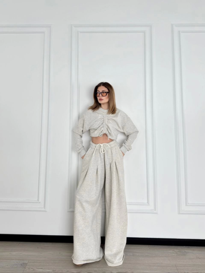 Uzun Kollu Önü İp Büzgülü  Crop Ve Pantolon İkili Takım - Gri