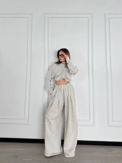 Uzun Kollu Önü İp Büzgülü  Crop Ve Pantolon İkili Takım - Gri
