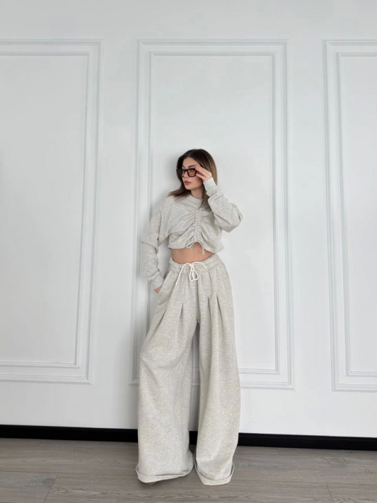 Uzun Kollu Önü İp Büzgülü  Crop Ve Pantolon İkili Takım - Gri