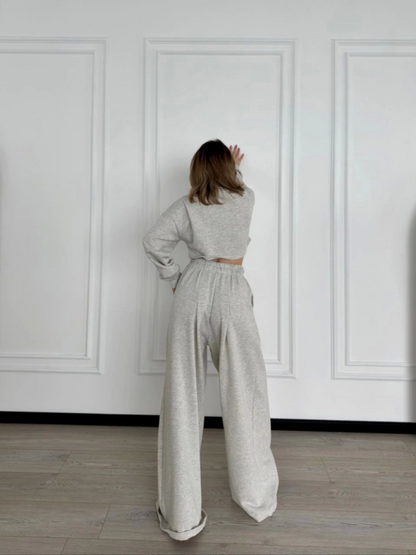 Uzun Kollu Önü İp Büzgülü  Crop Ve Pantolon İkili Takım - Gri