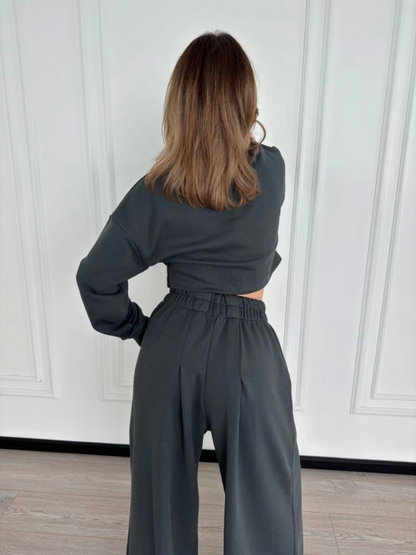 Uzun Kollu Önü İp Büzgülü Crop Ve Pantolon İkili Takım - Antrasit