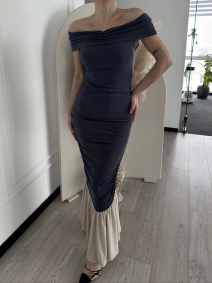 Striptiz Omuzlu Uzun Elbise- Füme