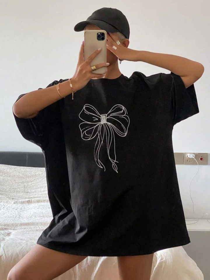 Baskılı Oversize T-shirt - Siyah