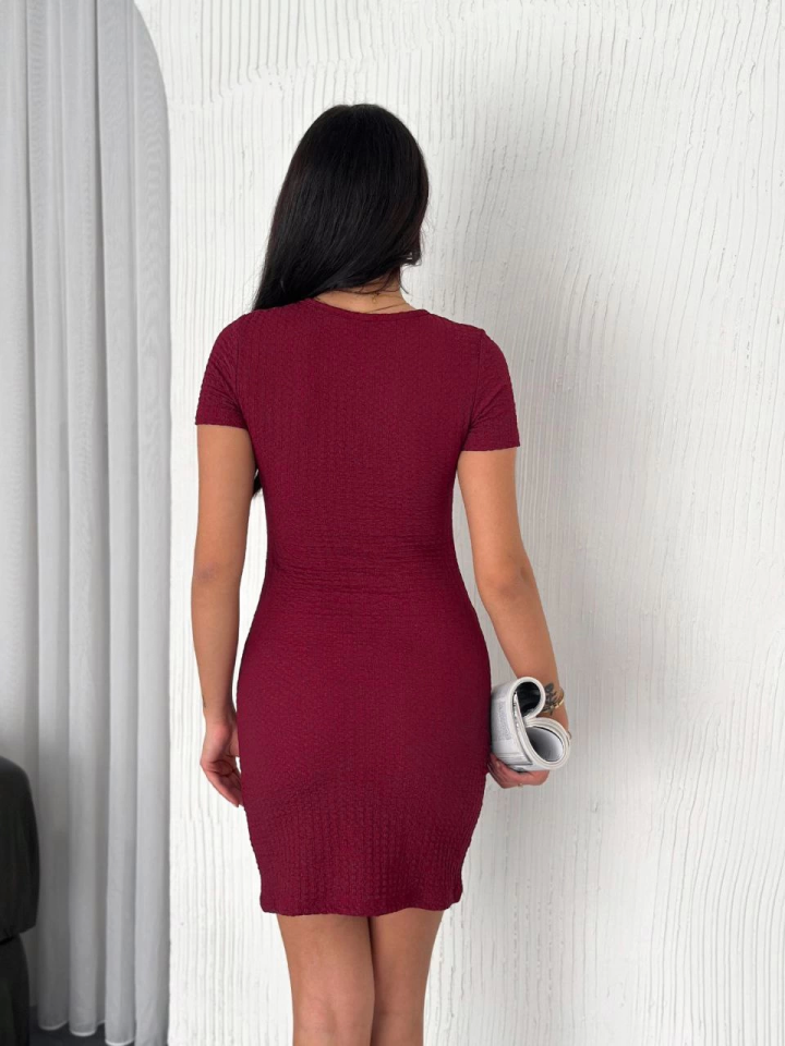 Bisiklet Yaka Kısa Kol Likralı Elbise - Bordo