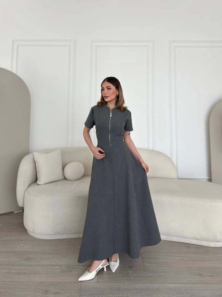 Kısa Kollu Önden Fermuarlı Çan Etekli Uzun Elbise - Antrasit