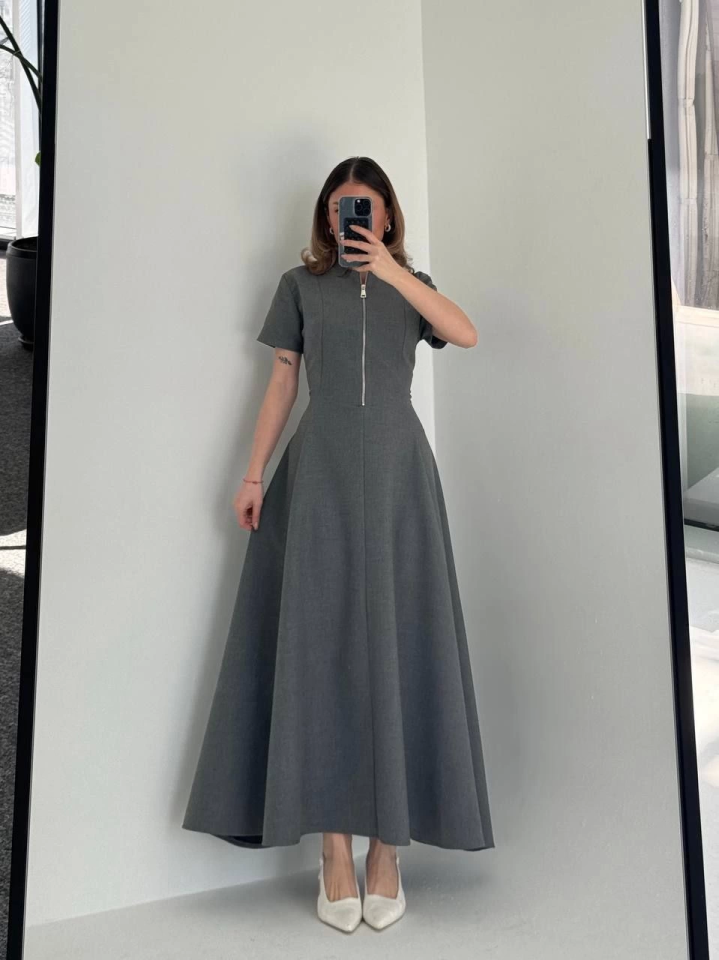 Kısa Kollu Önden Fermuarlı Çan Etekli Uzun Elbise - Antrasit