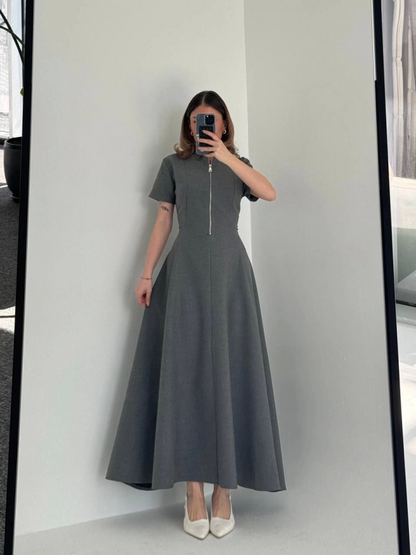 Kısa Kollu Önden Fermuarlı Çan Etekli Uzun Elbise - Antrasit