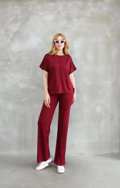 Osy Modal Yumuşak Dokulu Kumaş Bisiklet Yaka Kısa Kollu Takım - Bordo