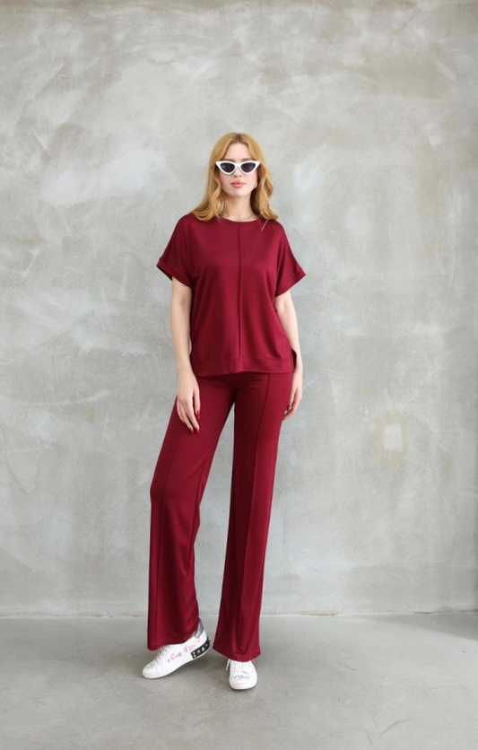 Osy Modal Yumuşak Dokulu Kumaş Bisiklet Yaka Kısa Kollu Takım - Bordo