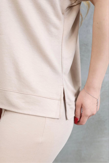 Osy Modal Yumuşak Dokulu Kumaş Bisiklet Yaka Kısa Kollu Takım - Bej