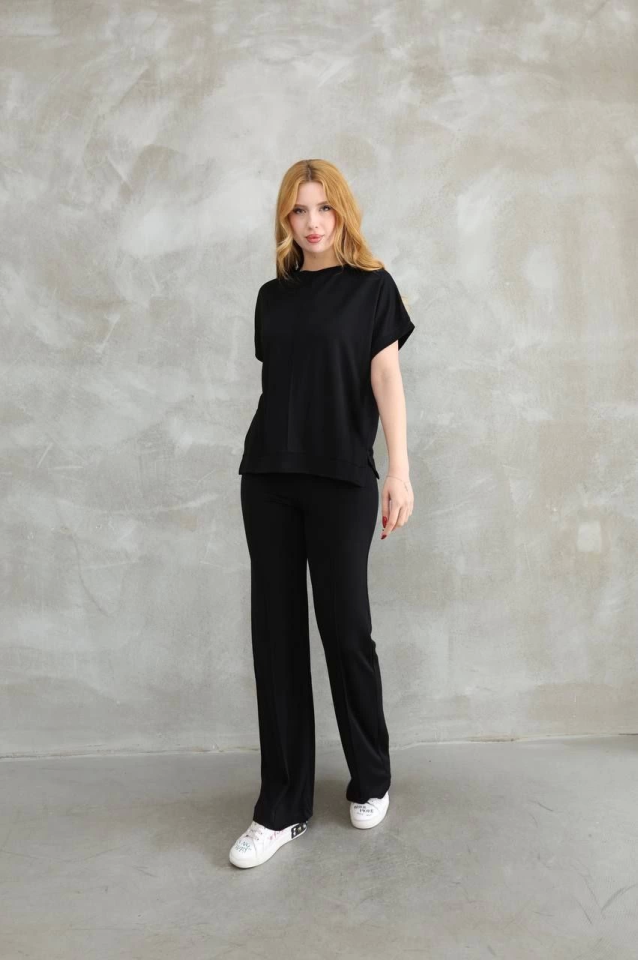 Osy Modal Yumuşak Dokulu Kumaş Bisiklet Yaka Kısa Kollu Takım - Siyah