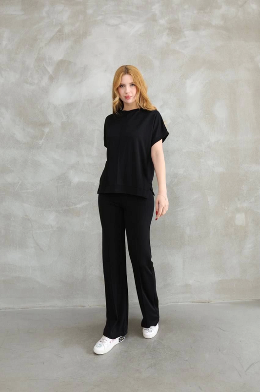 Osy Modal Yumuşak Dokulu Kumaş Bisiklet Yaka Kısa Kollu Takım - Siyah