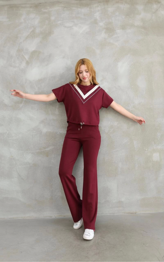 Osy Modal Yumuşak Dokulu Kumaş Bisiklet Yaka Parçalı Detaylı Kısa Kollu Takım - Bordo