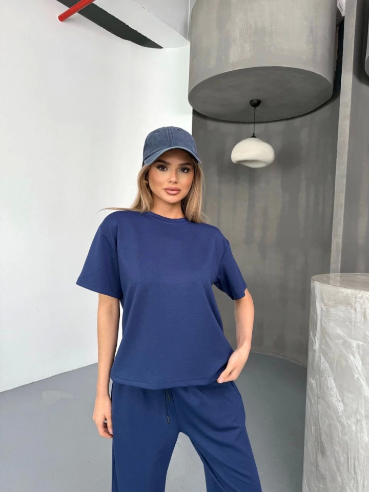 Osy Modal Yumuşak Dokulu Kumaş Kısa Kollu Bluz Rahat Pantalon Ikili Takım- Lacivert