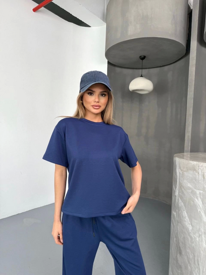 Osy Modal Yumuşak Dokulu Kumaş Kısa Kollu Bluz Rahat Pantalon Ikili Takım- Lacivert