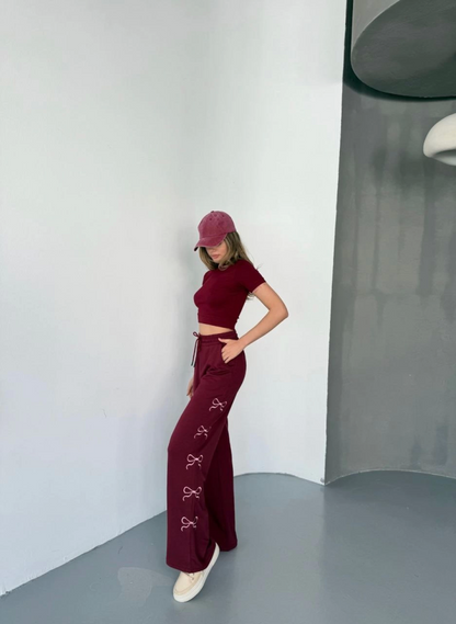 Osy Modal Yumuşak Dokulu Kumaş Nakış Işlemeli Rahat Bol Paça Eşofman Pantalon - Bordo