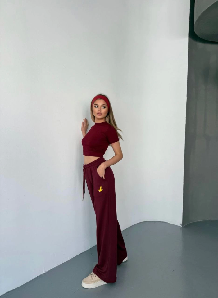 Osy Modal Yumuşak Dokulu Kumaş Nakış Işlemeli Rahat Bol Paça Eşofman Pantalon - Bordo