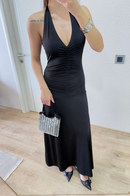 Sırt Dekolteli Uzun Kollu Elbise - Siyah