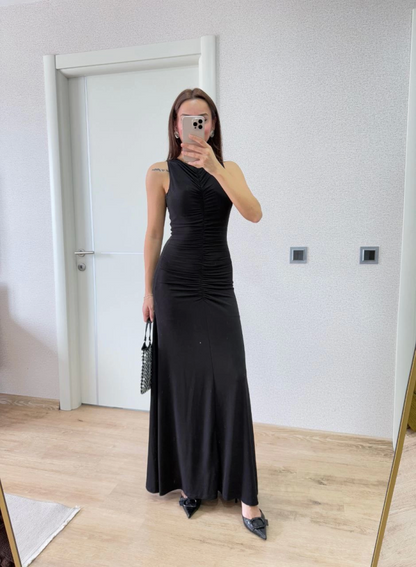 Kolsuz Büzgülü Uzun Elbise - Siyah