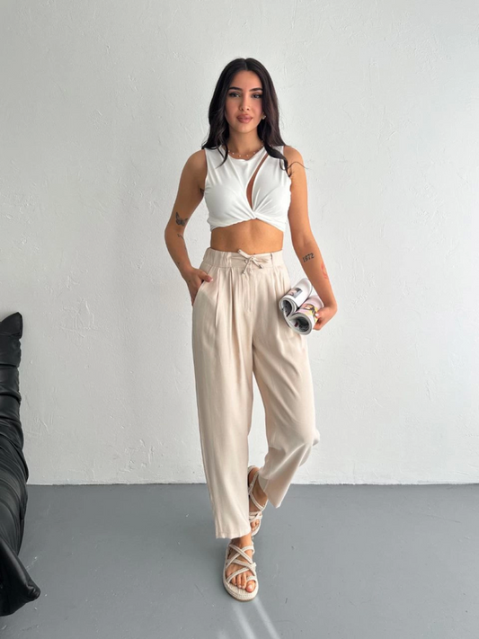 Yüksel Bel Rahat Paça Pantalon - Kırık Beyaz