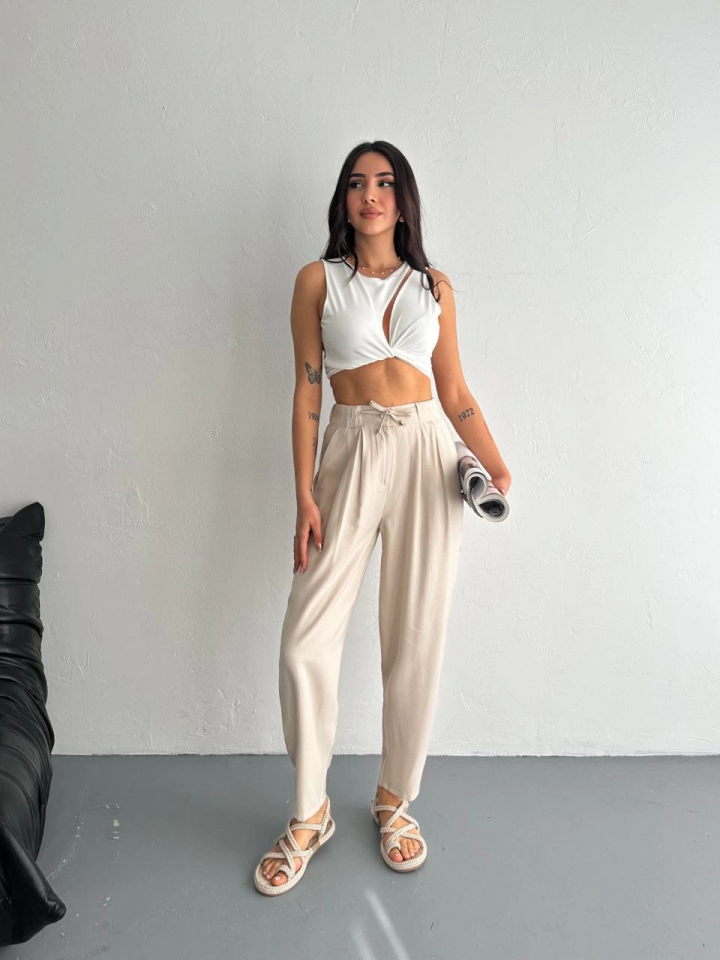 Yüksel Bel Rahat Paça Pantalon - Kırık Beyaz