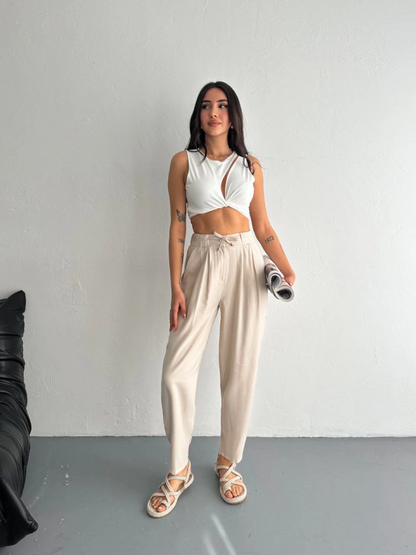 Yüksel Bel Rahat Paça Pantalon - Kırık Beyaz