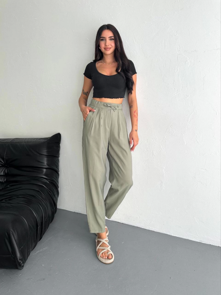Yüksel Bel Rahat Paça Pantalon - Su Yeşili