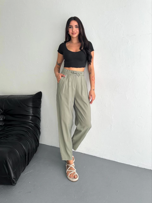Yüksel Bel Rahat Paça Pantalon - Su Yeşili